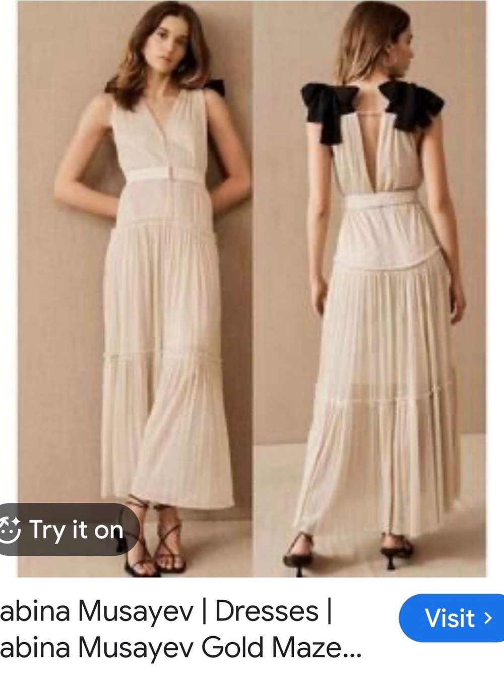 Sabina Musayev Cream Maxi Dress with Black Shoulder Bows